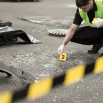 Person setting down evidence marker near broken glass at the scene of a fatal car accident