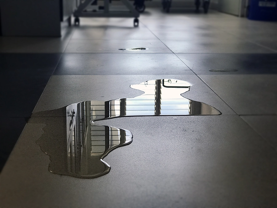 puddle of water in the middle of a dark hallway could cause a slip and fall case