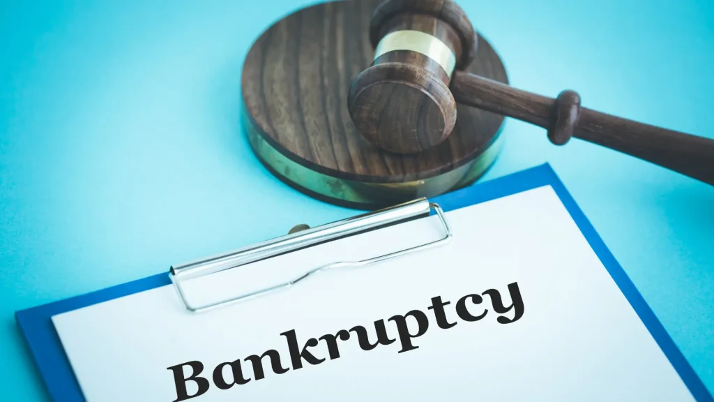 A gavel resting on a document labeled "Bankruptcy