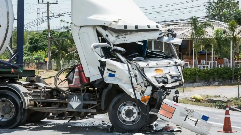 Severely damaged truck in a traffic accident, with crushed front end and debris on the road.