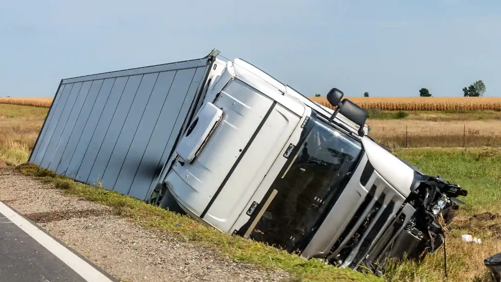 Overturned semi-truck on the side of a rural road.